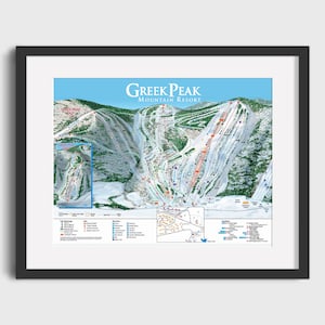 May include: A detailed map of Greek Peak Mountain Resort, a ski resort in New York. The map shows the different trails, lifts, and amenities available at the resort. The map is in a black frame.