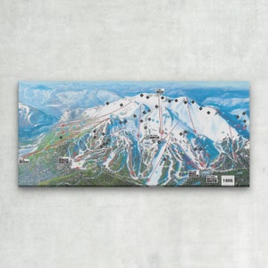 May include: A vintage ski resort map with a detailed layout of runs, lifts, and trails. The map is printed on a white background with blue and red lines and text. The year 1986 is printed in the bottom right corner.