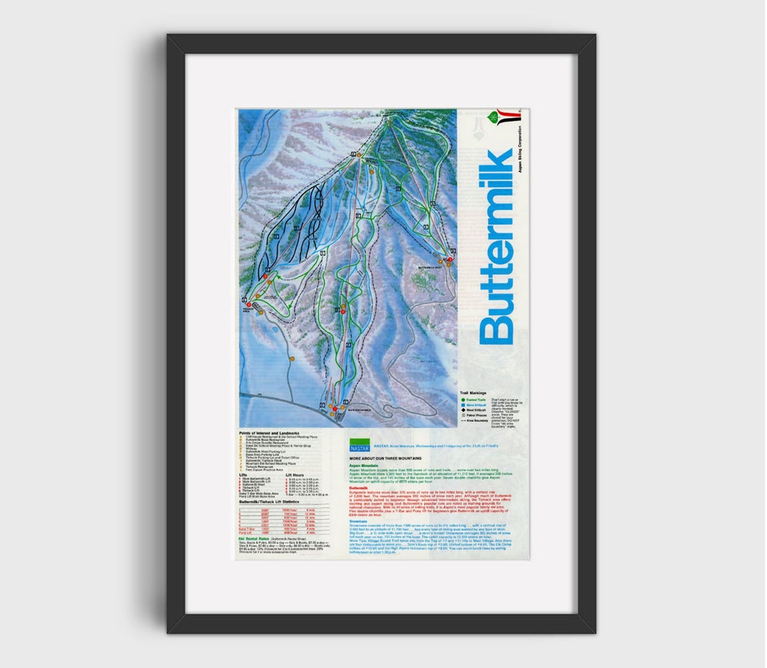 1977 ASPEN BUTTERMILK Ski Trail Map Ski Home Decor, Ski Lodge Wall