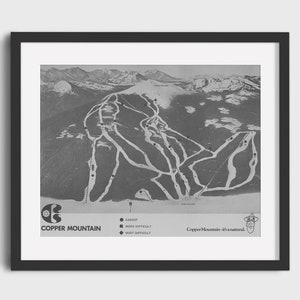 May include: Black and white vintage ski map of Copper Mountain, Colorado. The map shows the different ski runs and difficulty levels. The text on the map reads "Copper Mountain - it's a natural".