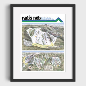 May include: A vintage-style illustrated map of the Nub's Nob ski resort in Michigan. The map shows the North and South downhill ski trails, with a key to the different trails.