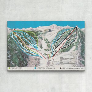 May include: A vintage ski resort map with a blue background and white mountains. The map shows the different ski runs and lifts at the resort. The map is labeled with the difficulty levels of the runs: easiest, more difficult, and most difficult. The map also includes the names of the runs and lifts, as well as the location of the ski center.