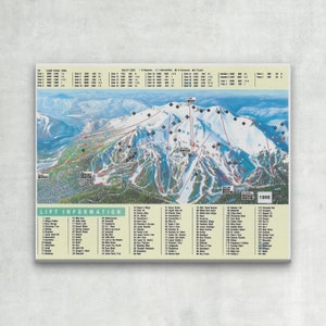 May include: A vintage ski resort map of the mountain with a detailed layout of the ski runs and lifts. The map is titled "1996" and includes a key with the names of each run and lift. The map is printed on a white background with green and red lines.