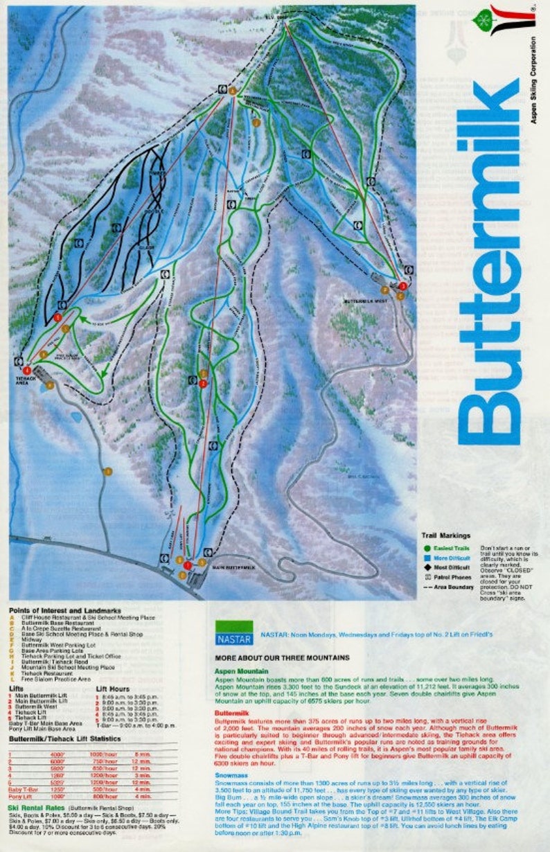 1977 ASPEN BUTTERMILK Ski Trail Map Ski Home Decor, Ski Lodge Wall