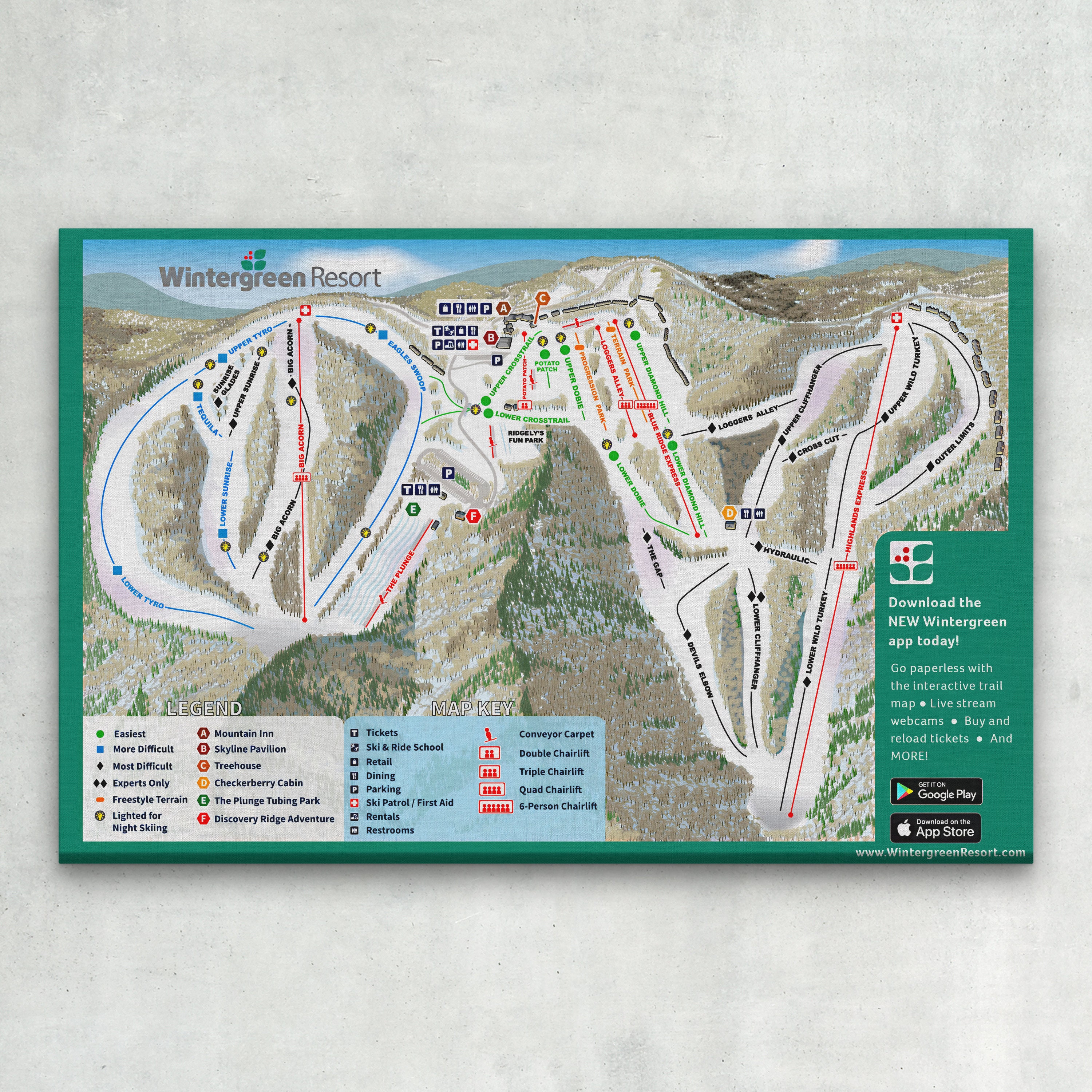 WRAPPED CANVAS - 2024 Wintergreen Resort Ski Trail Map - Ski Home Decor, Ski Lodge Wall Decor, Ski Poster, Vintage Ski Trail Map