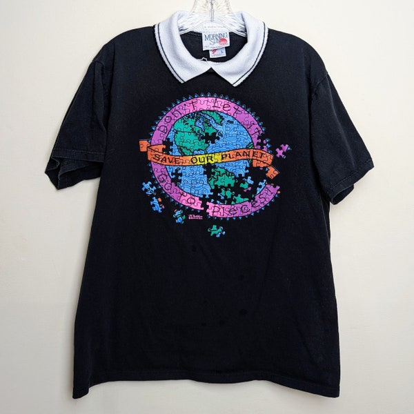 Vintage 80s Morning Sun Save Our Planet Grandma Collared T-Shirt Medium