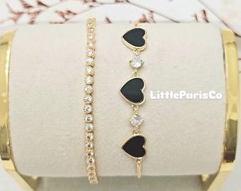 Set of Two Heart Onyx and Diamante Charms Adjustable Gold Bracelets: 14K Gold Plated, Gifts For Her, Birthday Gifts