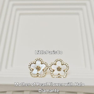 Flower with Halo Diamante Genuine Mother of Pearl Clover Gold Stud Earrings, 925 Silver, 18K Gold Plated, Gifts For Her, Mother&#39;s Day Gifts