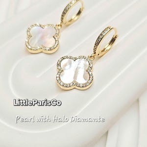 Mother of Pearl Clover Halo Diamond Huggie Earrings: 18K Gold Plated Diamante