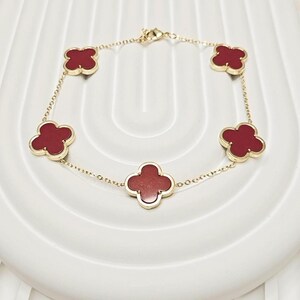 Vintage Large Motifs Genuine Red Carnelian Clover Gold Bracelet, 18K Gold Plated, Red Clover Gold Bracelet, Gifts for Her, Birthday Gifts