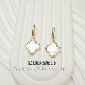 Clover Mother of Pearl Huggie Earrings: 18K Gold Plated, Diamante Halo