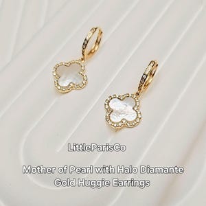 Mother of Pearl Clover Huggie Earrings: Diamante Halo, 18K Gold Plated