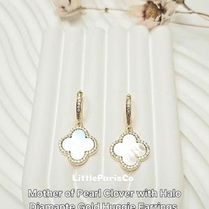 Pearl Clover Huggie Earrings: Diamante Halo, 18K Gold Plated