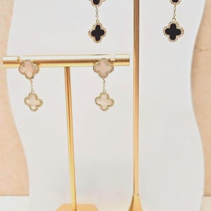 Small Motifs Genuine Mother of Pearl & Onyx Clover with Halo Diamante Dangle Gold Earrings, 925 Silver, 18K Gold Plated, Gifts For Her