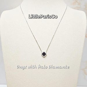 Extra Kleine Klee Onyx 925 Silber Halskette: Diamante Halo