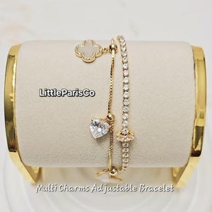 Clover and Butterfly Gold Adjustable Bracelet: Mother of Pearl, 14K Gold Plated