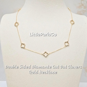 Reversible Double Sided Diamante Cut Out Clovers Gold Necklace, 925 Silver, 18K Gold Plated, Gifts For Her, Birthday Gifts, Gifts For Mom