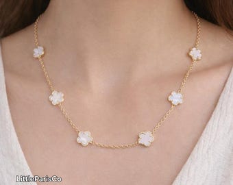 Pearly Flower Clover Gold Necklace: 14K Gold Plated, Gifts For Her, Birthday Gifts, Gifts For Mom