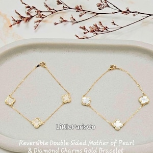 Reversible Clover Mother of Pearl and Diamond Gold Bracelet:  18K Gold Plated, 925 Silver