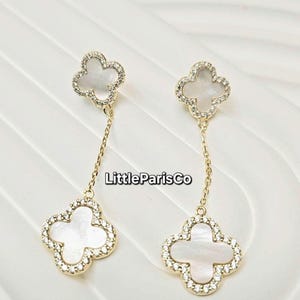 Mother of Pearl Clover Halo Diamond Dangle Earrings: 18K Gold Plated, 925 Silver