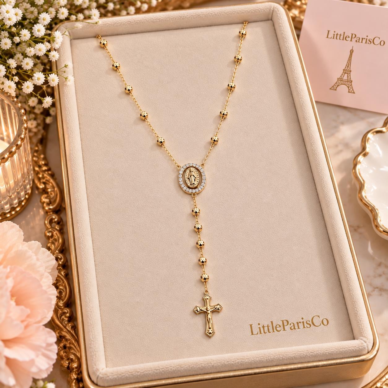 Diamond Cut Rollo Beads Italian Rosary Gold Necklace: 18K Gold Plated, 925 Italian Silver, Italian Rosary Necklace, Religious Gifts