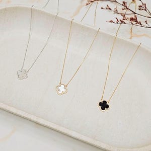 Clover with Halo Diamante Genuine Mother of Pearl & Onyx Gold Necklace, 925 Silver, 18K Gold Plated, Gifts for Her