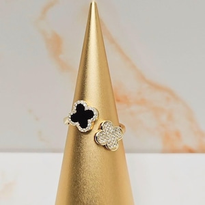 Zwei Motive Echte Onyx & Diamante Klee mit Halo Verstellbarer Goldring, 925er Silber, 18K vergoldet, Geburtstagsgeschenkideen, Geschenke für Mama