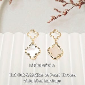 18K Gold Plated Clover Earrings: Mother of Pearl Dangle Studs, Gifts For Her