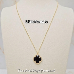 Faceted Reversible Onyx Clover Gold Necklace: 925 Italian Silver, 18K Gold Plated, Onyx Clover Gold Necklace
