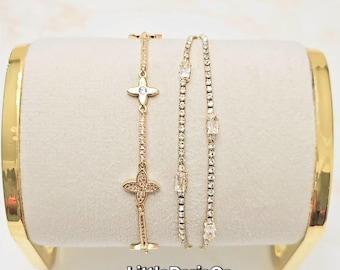 Juego de dos pulseras ajustables de oro con trébol de diamantes pavé: chapadas en oro de 14 quilates, regalos para ella y cumpleaños.