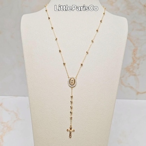 Rosary Necklace Diamond Cut Mary Charm Rollo Gold Chain, 925 Silver, 18K Gold Plated, Religious Necklace, Gifts For Her, Baptism Gifts