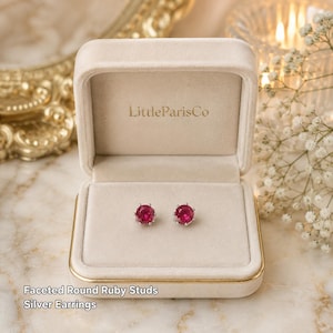 Faceted Round Ruby Gold Stud Earrings: 18K Gold Plated, 925 Silver, Gifts For Her, Birthday Gifts, July Birthstone, July Earrings