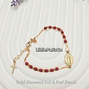 Diamond Cut Rosary Bracelet: Red Beads, 18K Gold Plated, 925 Silver