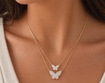 Double Mother of Pearl Butterfly Gold Necklace:18K Gold Plated, 925 Silver, Gifts For Her, Birthday Gifts