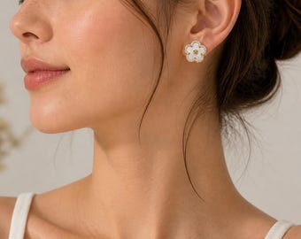 Mother of Pearl Flower Halo Diamante Gold Stud Earrings: 18K Gold Plated, 925 Silver, Gifts For Her, Birthday Gifts