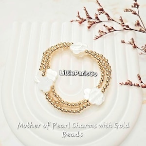Mother of Pearl Clover Stretchy Gold Beads Bracelet: 18K Gold Plated