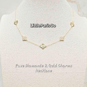 Medium Multi Clover Motifs Diamante & Diamond Cut Clover Gold Necklace, 925 Silver, 18K Gold Plated, Gifts For Her, Birthday Gifts