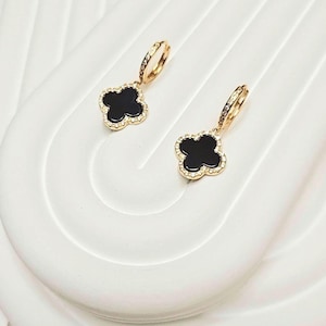 Onyx Clovers with Halo Diamante Gold Huggie Earrings, 925 Silver, 18K Gold Plated, Gifts For Her, Birthday Gifts, Gifts For Mom