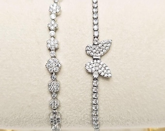 Conjunto de dos pulseras ajustables de plata con mariposas y flores de diamantes: chapadas en oro blanco de 14 quilates, regalos para ella