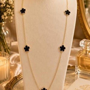 Double Sided Seven Onyx Flower Clover Long Gold Necklace: 14K Gold Plated, Gifts For Her, Birthday Gifts, Gifts For Mom