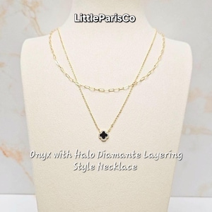 Dainty Onyx Clover Halo Diamante Layering Gold Necklace: 18K Gold Plated,  925 Silver