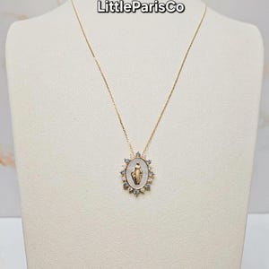 Mother of Pearl Mother Mary Necklace: 18K Gold Plated, 925 Silver, Cubic Zirconia