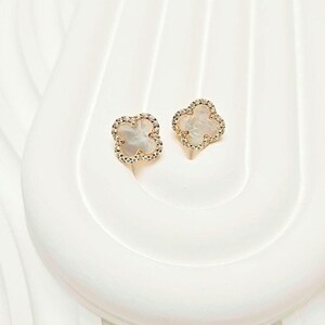 Small Motifs Genuine Mother of Pearl Clover with Halo Diamante Gold Stud Earrings, 925 Silver, 18K Gold Plated, Pearl Clover Gold Earrings