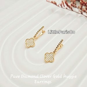 Gold Clover Huggie Earrings: Mother of Pearl, CZ Diamante, 925 Silver, 18K Gold Plated