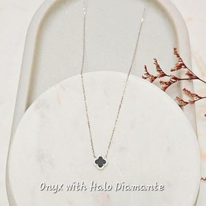 Zierliche Onyx Klee Halo Diamant Gold Halskette: 925 Sterling Silber, 18K vergoldet