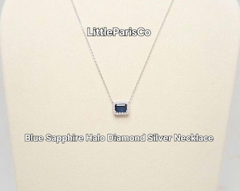 Blue Sapphire Halo Diamond Silver Necklace Necklace: 925 Silver, Gifts For Her, Birthday Gifts