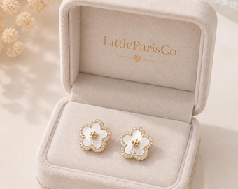 Mother of Pearl Flower Stud Gold Earrings: 925 Silver, 18K Gold Plated, Diamante Halo