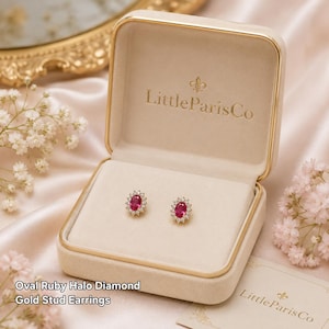 Faceted Oval Ruby Halo Diamond Gold Stud Earrings: 18K Gold Plated, 925 Silver, Gifts For Her, Birthday Gifts, July Birthstone