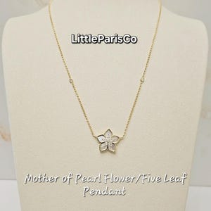 Mother of Pearl Flower Necklace: CZ Accent, 18K Gold Plated 925 Silver