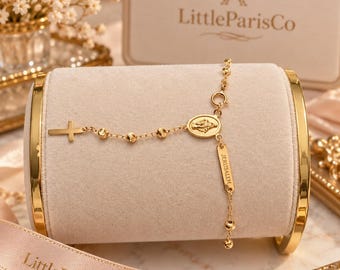 Diamond Cut Beads Rosary Gold Bracelet: 18K Gold Plated, 925 Italian Silver, Italian Rosary Bracelet, Religious Gifts, Gifts For Her